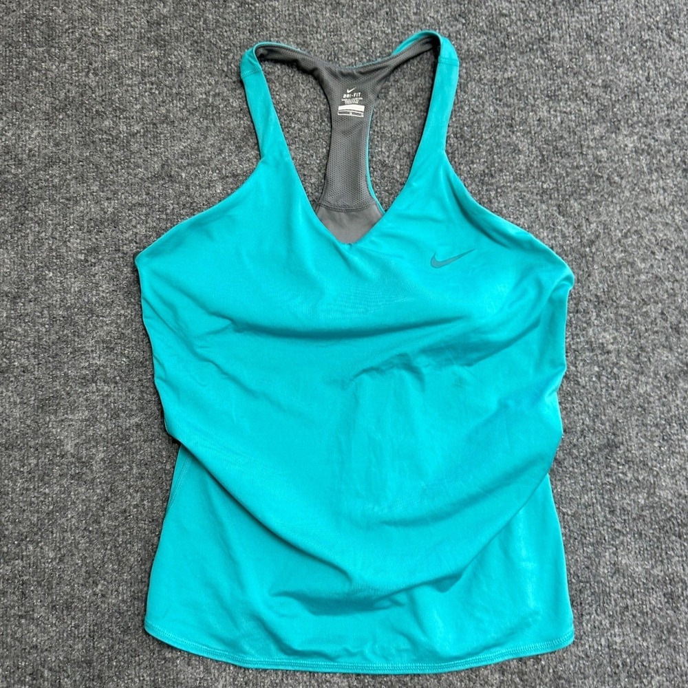 Nike Tank Top Womens Size L Teal Blue Dri-Fit Racerback Built-in Bra Athletic